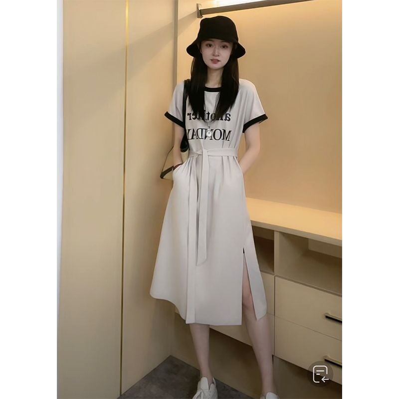 売り切れ必至 簡潔 上質 半袖Tシャツワンピース<F-8288>