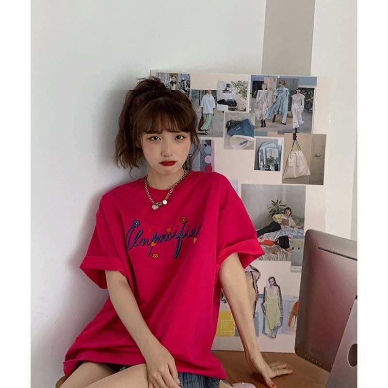 質感のいい アルファベット 刺?ロゴ Tシャツ ローズ ゆったり半袖<F-2967>
