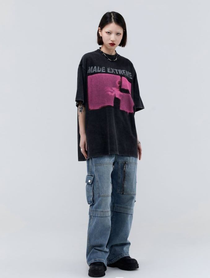 アメリカのストリートタイドブランド レトロロックプリント半袖Tシャツ<F-2892>