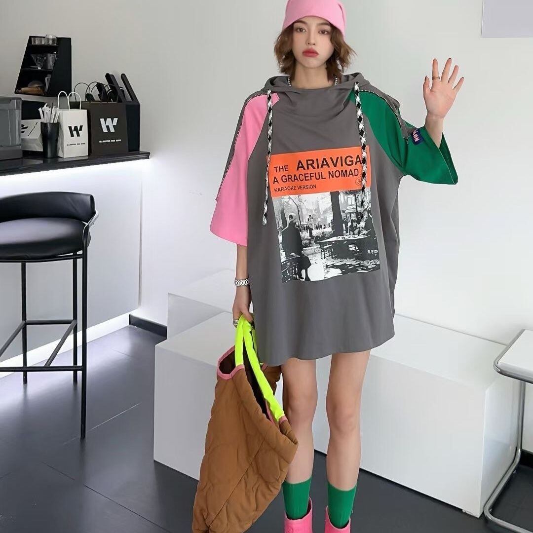 売り切れ必至 プリント カジュアル 切り替え 半袖Tシャツ カットソー<F-8257>