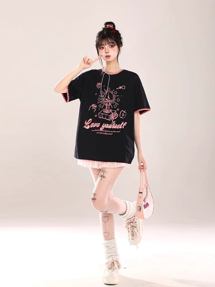 大人可愛い 早い者勝ち 絶対流行 カジュアル 2色選択 Tシャツ<F-11108>