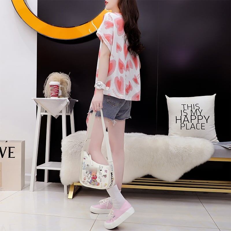 ゆったり感アップ 3色選択可 オシャレ度満点 プリント Tシャツ カットソー<F-3100>