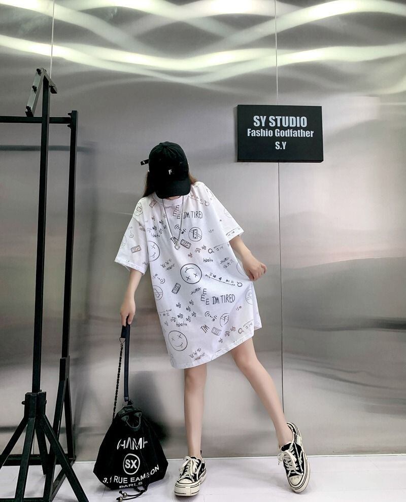売り切れ必至 ゆったり ファッション感満々 ロング丈 3色半袖Tシャツ<F-9086>