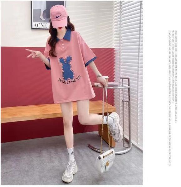 韓国系 POLOネック 三色 ゆったり半袖 <F-3056>
