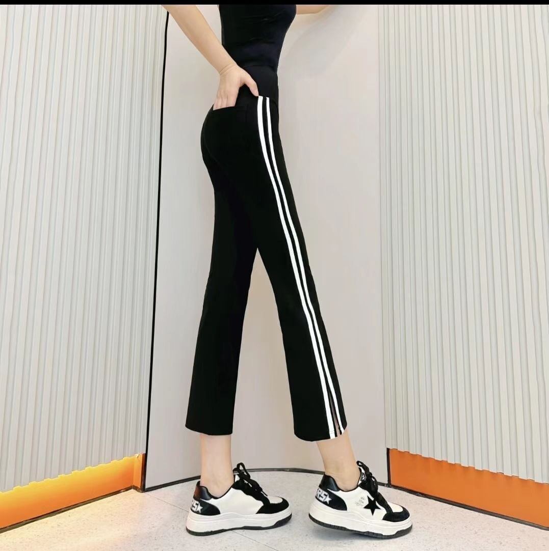 サイドストライプシャークパンツ ストレートレッグスリット8分パンツ<F-5102>