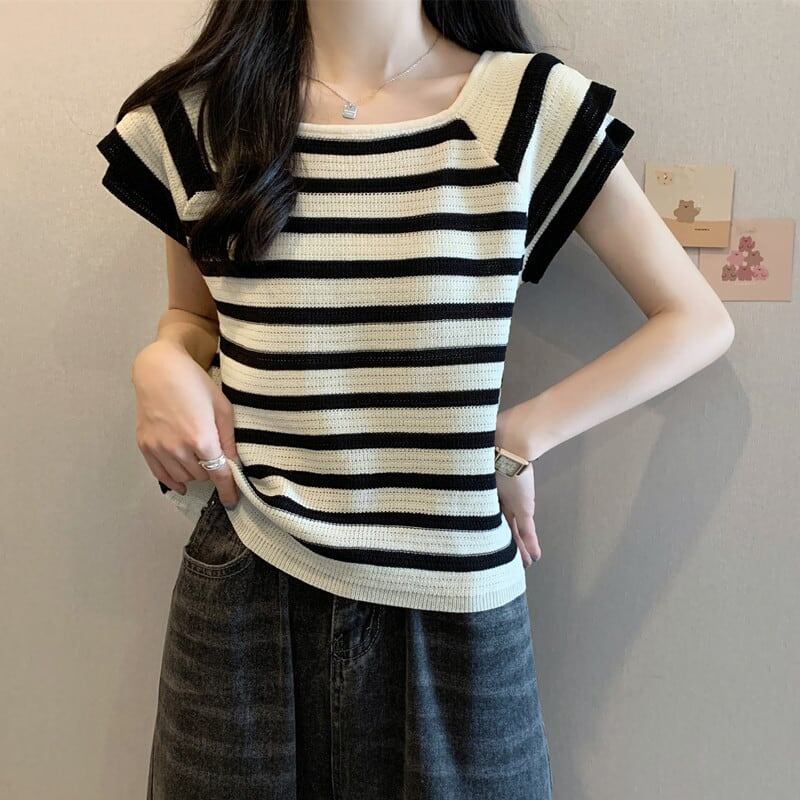 今季マストバイ ファッション カジュアル エレガント ストライプ柄 Tシャツ<F-8339>