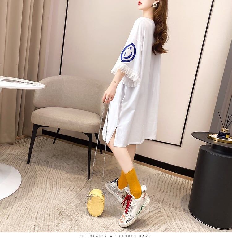 夏新作 アルファベット オーバーサイズ フリル プリントTシャツ 三色 ゆったり半袖<F-3009>