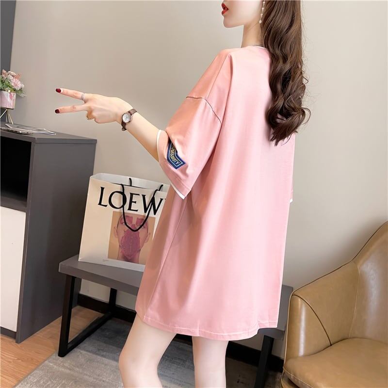 韓国系 ドロップショルダー 刺? レイヤードTシャツ ゆったり半袖 <F-3053>