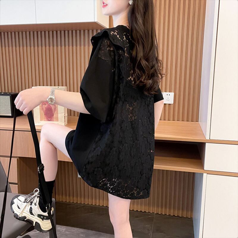 【半額!期間限定!!】着回し力抜群 切り替え プリント レース 切り替え ゆったり半袖 Tシャツ <F-8527>