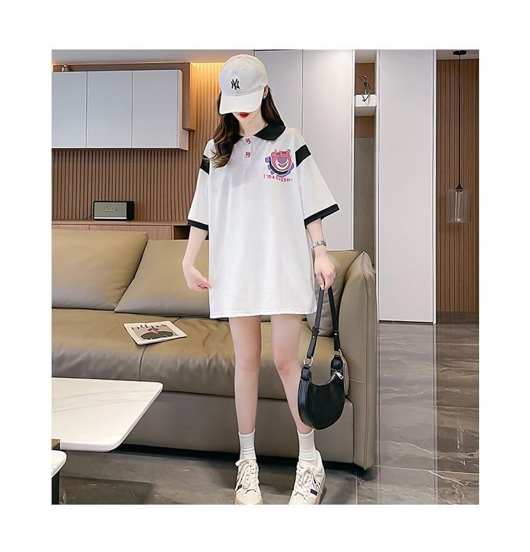POLOネック 切り替え 熊柄 ロング プリント Tシャツ 二色 ゆったりワンピース <F-3020>
