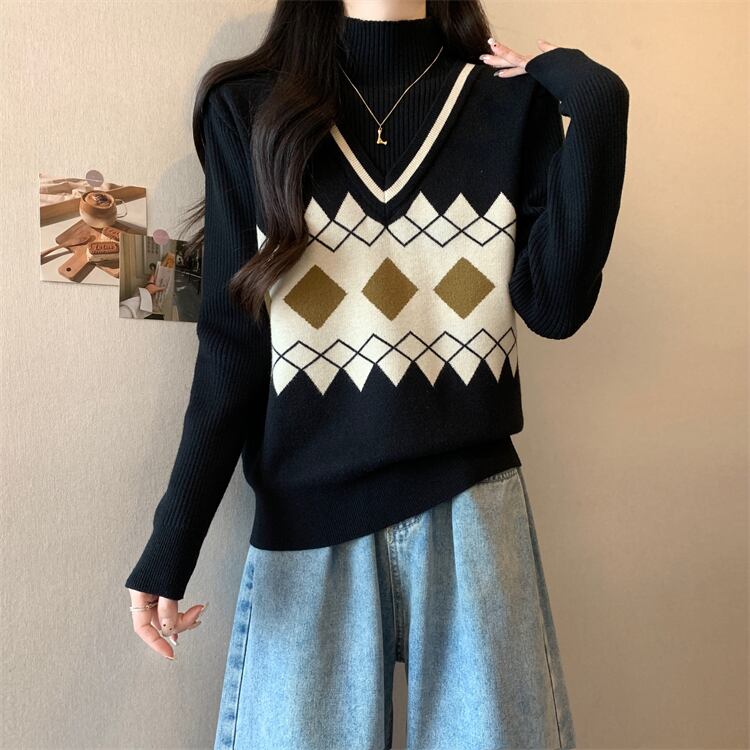 人気上昇中 レイヤード風 おしゃれ度高め 全2色 ニットトップスF-9583