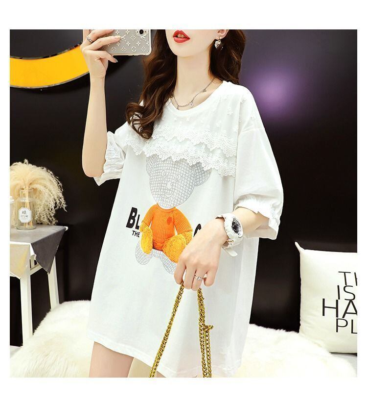 超人気 レース プリント 切り替え ホットダイヤモンド 半袖 Tシャツ <F-8524>