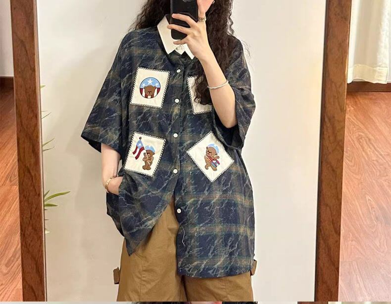 大活躍 刺繍 特別デザイン チェック柄 2色選択 半袖シャツ<F-8881>