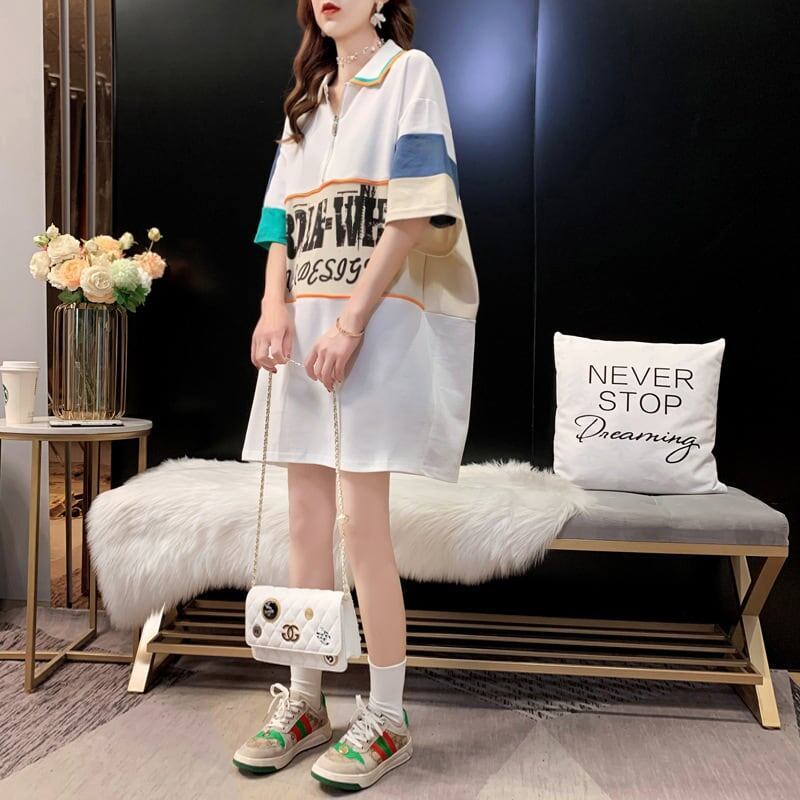 韓国系 切り替え POLOネック ファスナー ロング Tシャツ 二色 ゆったりワンピース <F-3015>