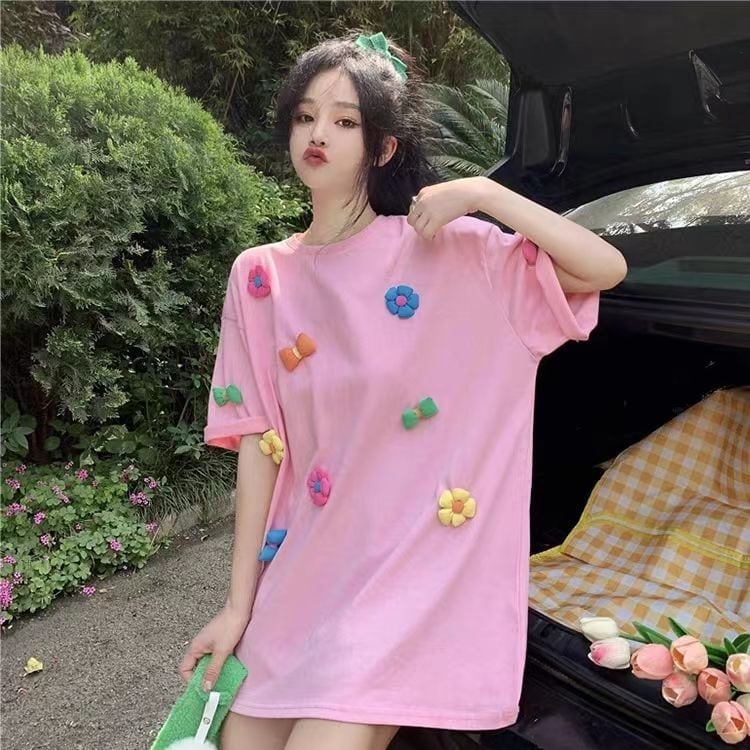 着回し力抜群 スウィート キュート 3Dフラワー ゆったり 全2色 半袖Tシャツ<F-8824>