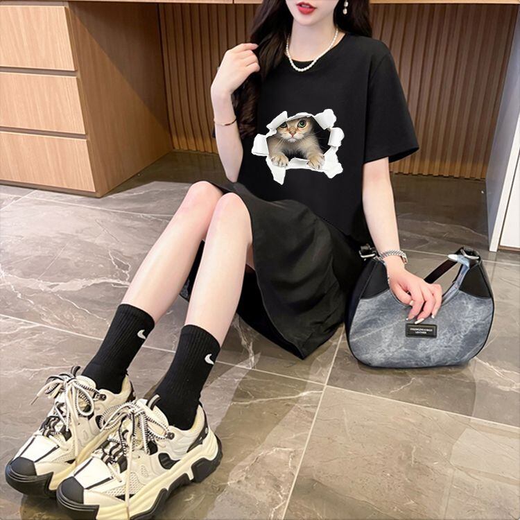 絶対欲しい ネコ カジュアル デザイン ゆったり 半袖 Tシャツ<F-8658>