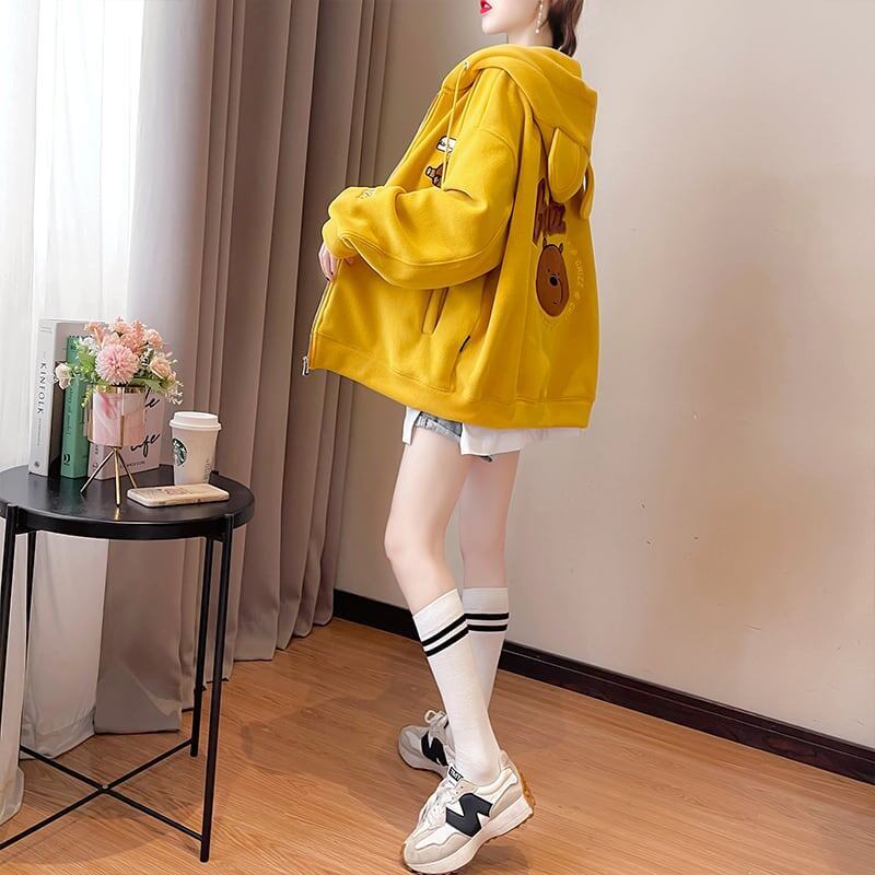 【裏起毛】可愛いクマちゃん厚手フルジップパーカー二色ありF-4677