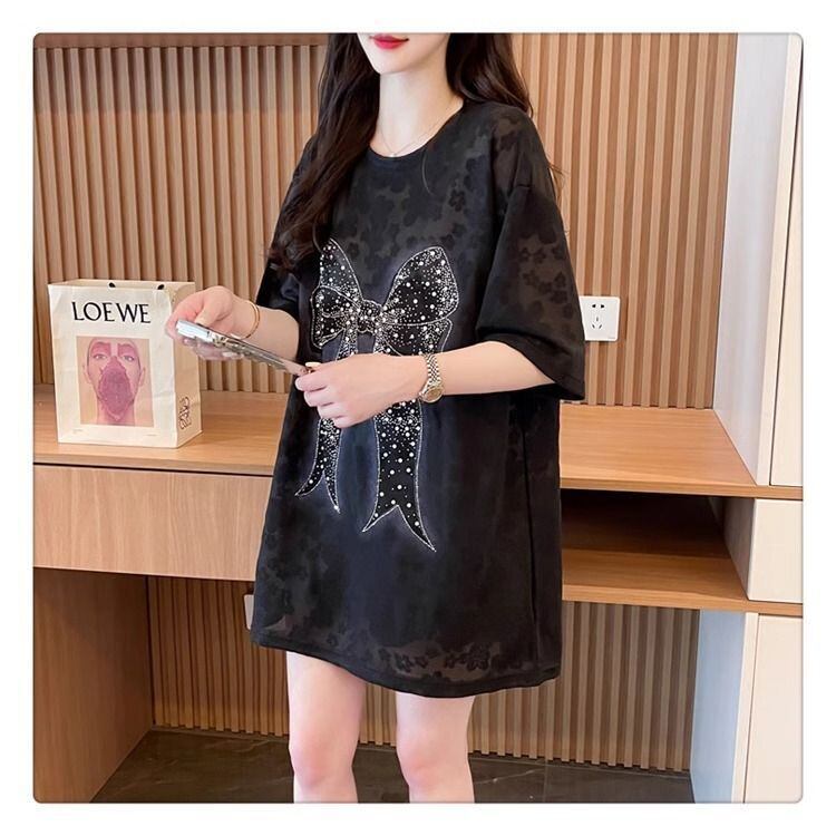 大人可愛い リボン カジュアル デザイン ゆったり 半袖 Tシャツ<F-8659>