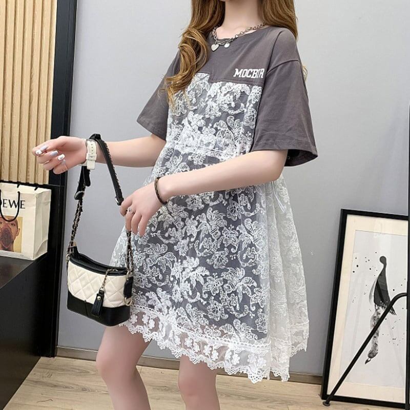 女子マスト 切り替え レース ゆったり 着?せ ハイウエスト 半袖 ワンピース <F-2019>