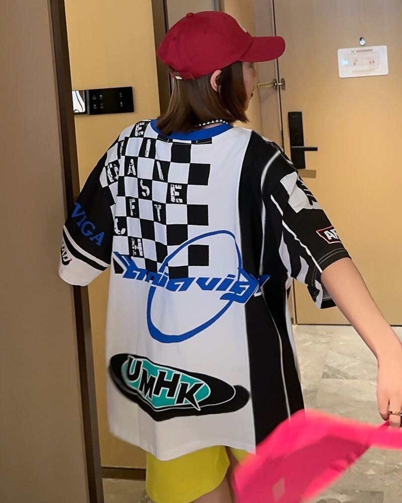 スタイルアップ効果抜群 レース アバンギャルド ダブルプリント全2色 半袖TシャツF-8980