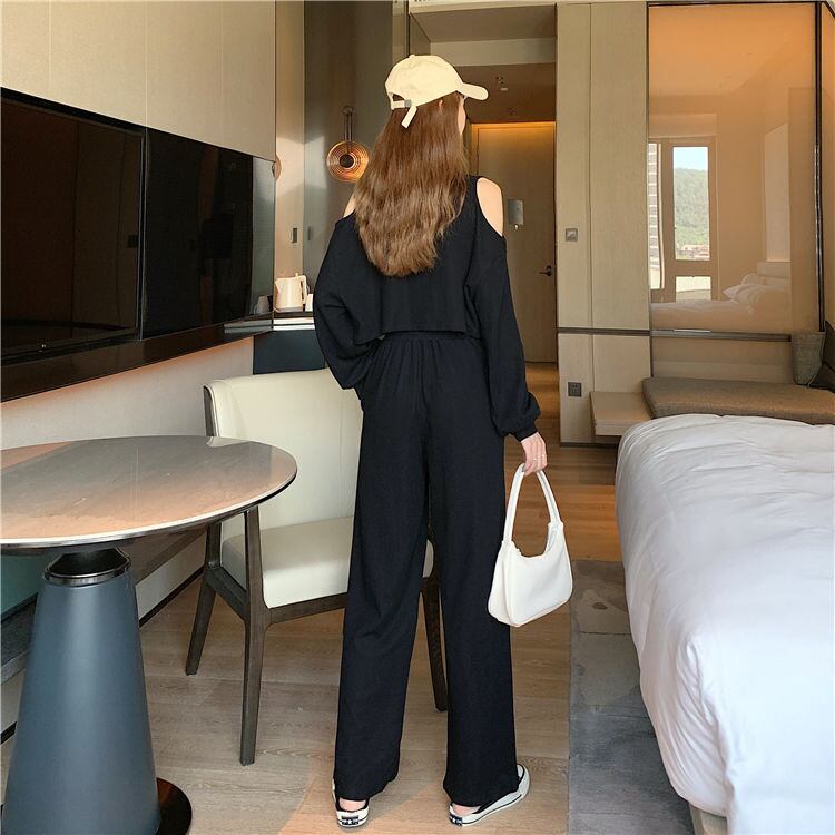 韓国風ファッション カジュアル ?感?佳 全2色 長袖Tシャツ&ハイウエストワイドレッグパンツのセットアップF-9103