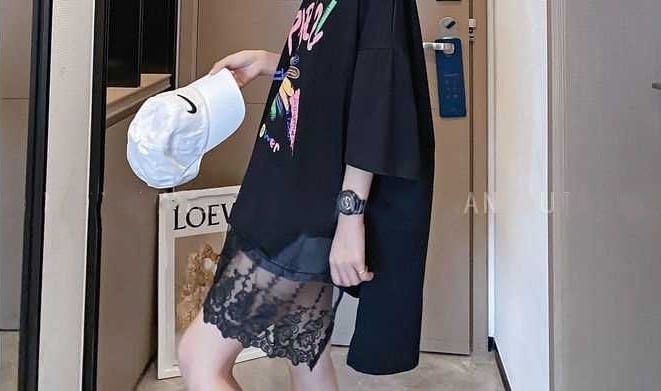 スウィート レース プリント ロングTシャツ ゆったり半袖<F-2952>