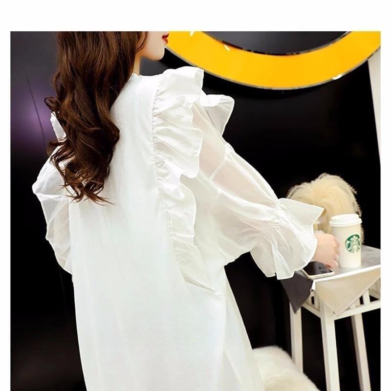 女子力アップ アルファベット パフスリーブ プリント ロングTシャツ ゆったりワンピース <F-3054>