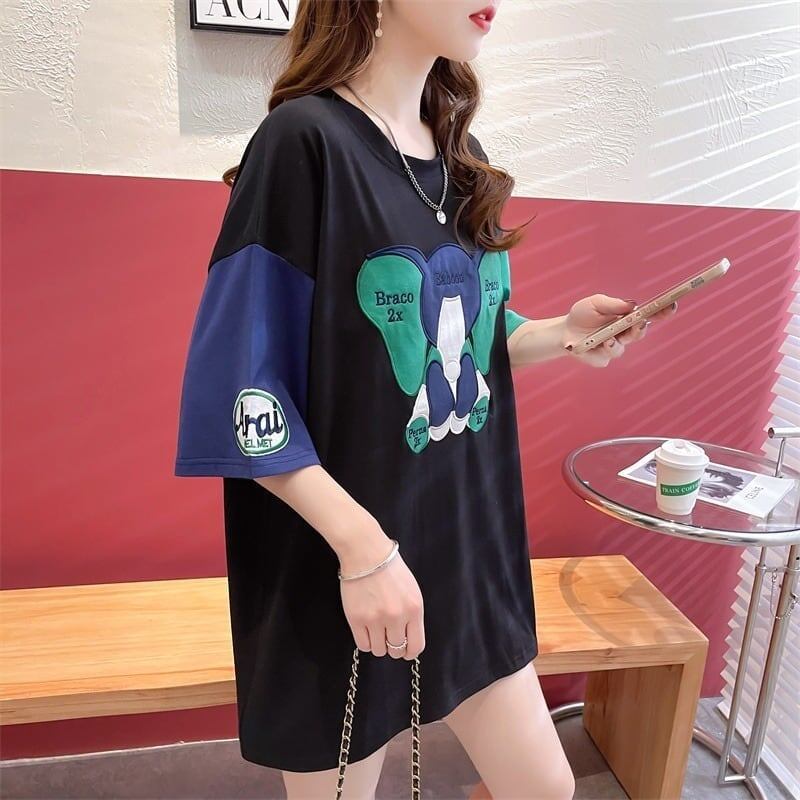 気質漫画カラーマッチング偽ツーピース半袖Tシャツ<F-2997>