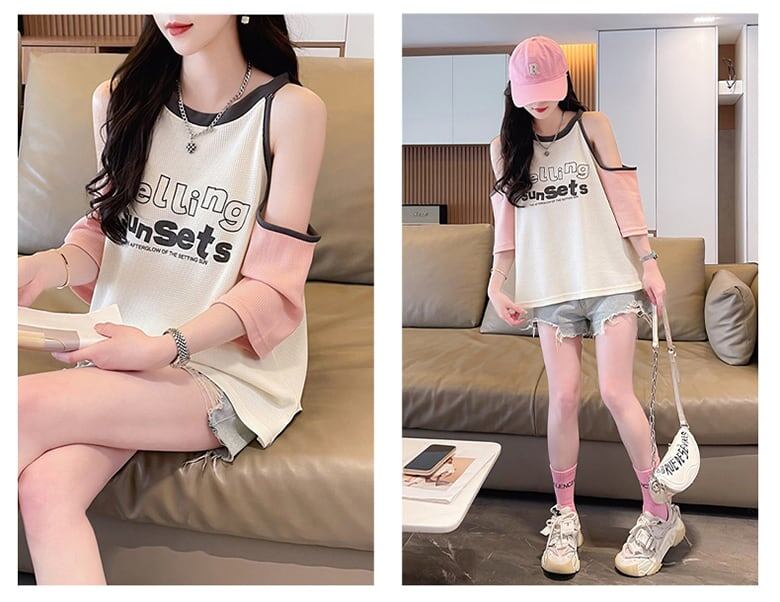 話題沸騰中 ロゴ 肌見せ 肩開き ゆったり 3色半袖Tシャツ<F-8212>