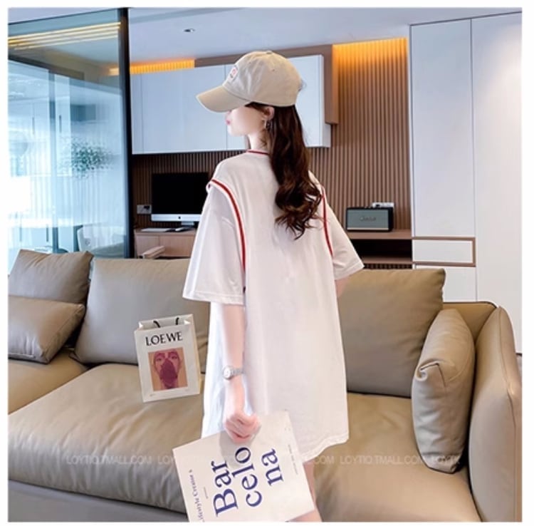 組み合わせやすい 白 プリントTシャツ ロング アルファベット <isf-2843>