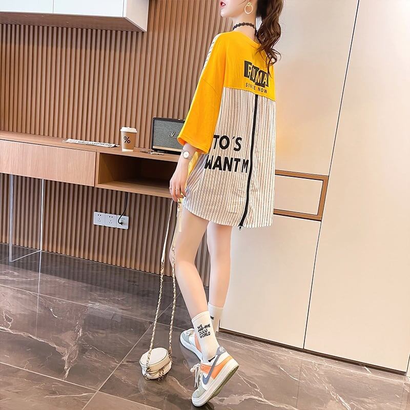 大好評 ストライプ柄 ロング Tシャツ 三色 ゆったりワンピース <F-4012>