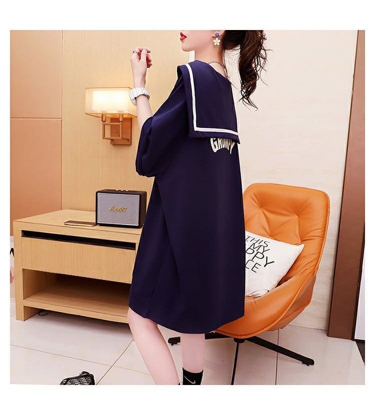 【半額!期間限定!!】絶対欲しい セーラー襟 ロング Tシャツ ゆったりワンピース <F-4020>