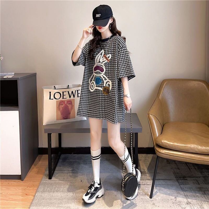 高級外国風千鳥格子半袖Tシャツ夏の新スタイル<F-2983>