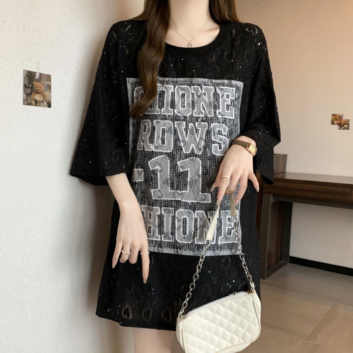 超人気 アバンギャルド 絶対流行 レース プリント全2色 半袖TシャツF-8798