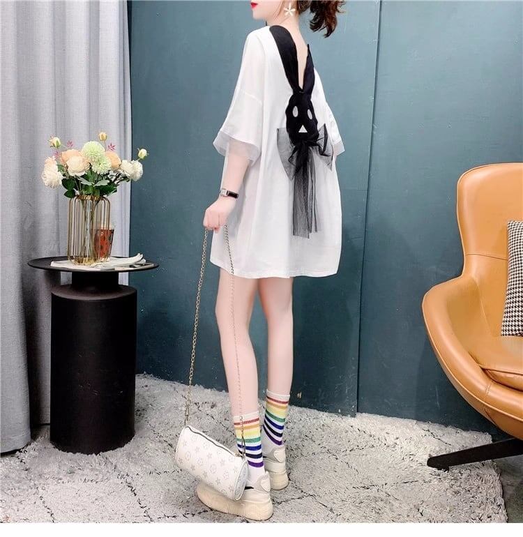 優しい雰囲気 バックオープン ロングTシャツ ゆったり半袖<F-2939>