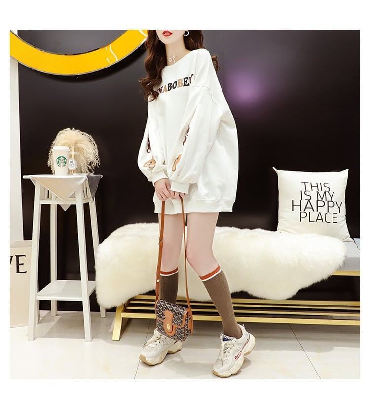 【半額！期間限定！！】韓国風ルーズラウンドネックミドル丈ファッション怠惰なトップス<F-5067>
