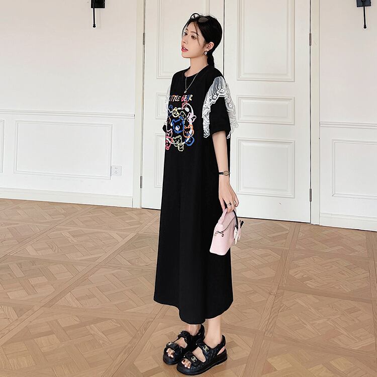 おすすめ レース ファッション 切り替え プリント Tシャツ カットソー ワンピース＜F-8535＞