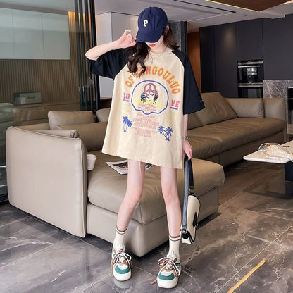 夏新作   プリント ラグランTシャツ 三色 ゆったりワンピース ＜F-4003＞