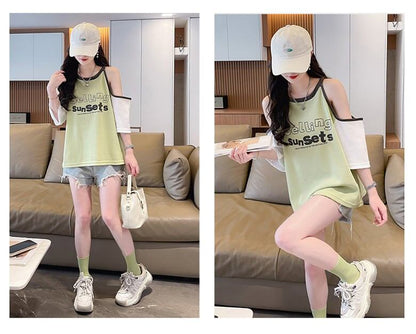 話題沸騰中   ロゴ 肌見せ 肩開き ゆったり 3色半袖Tシャツ＜F-8212＞