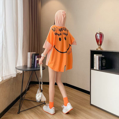 スタイルアップ効果抜群 ストライプ柄 アバンギャルド 切り替え レース プリント全2色 半袖TシャツF-9111