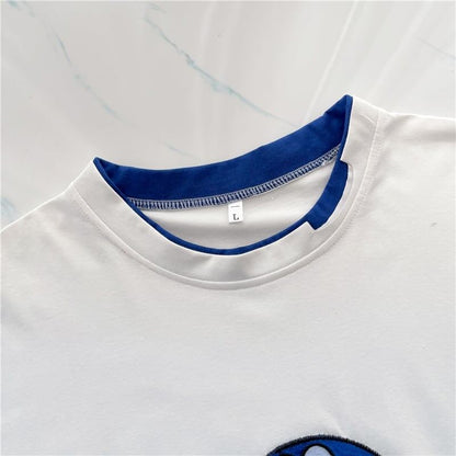 韓国系 ドロップショルダー 刺? レイヤードTシャツ ゆったり半袖 ＜F-3053＞