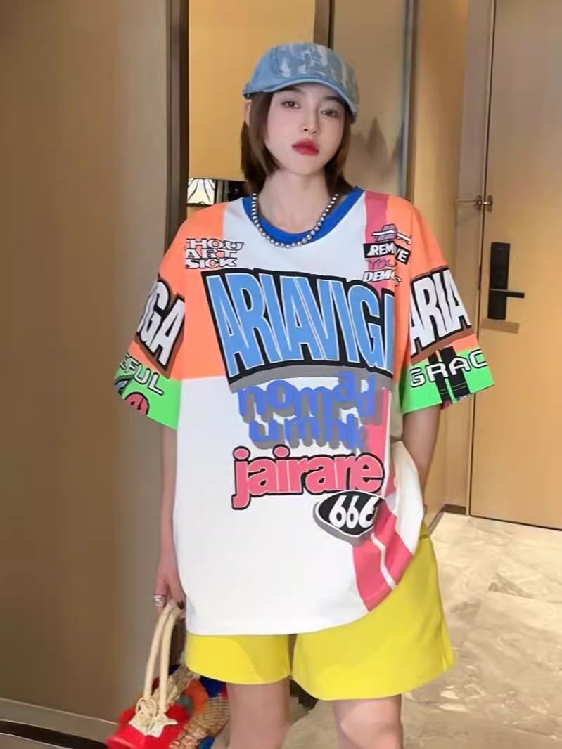 スタイルアップ効果抜群 レース アバンギャルド ダブルプリント全2色 半袖TシャツF-8980