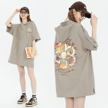 カジュアル フード付き プリント ロング Tシャツ F-50125