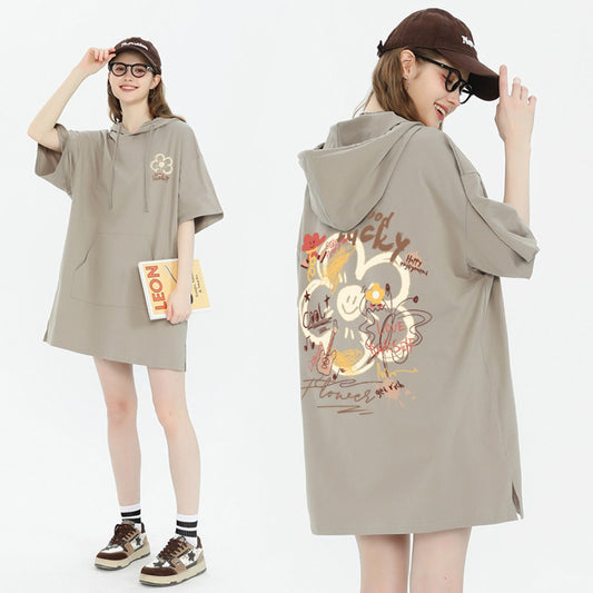 カジュアル フード付き プリント ロング Tシャツ F-50125