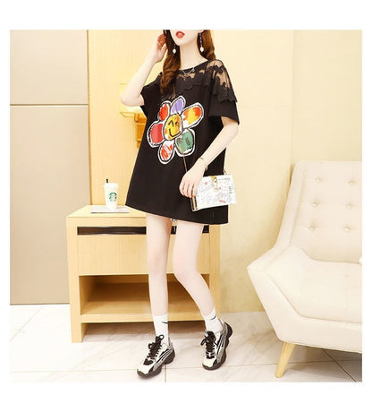 大人可愛い 切り替え レース 透かし彫り プリント全2色 半袖Tシャツ カットソー ＜F-8560＞