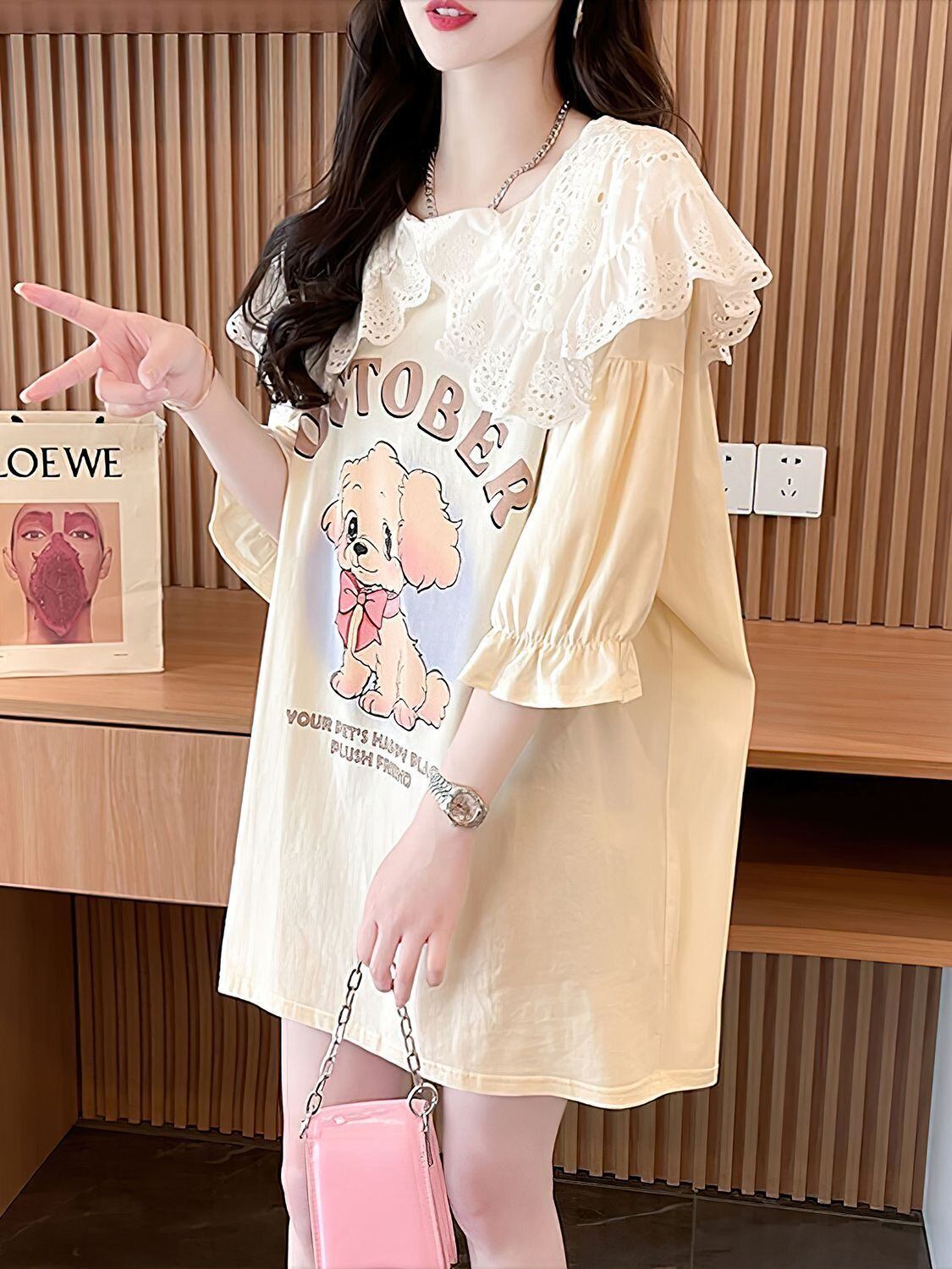 絶対流行 切り替え キュートプリント ゆったり 5分袖 Tシャツ＜F-8474＞