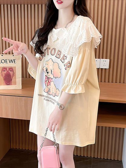 絶対流行 切り替え キュートプリント ゆったり 5分袖 Tシャツ＜F-8474＞