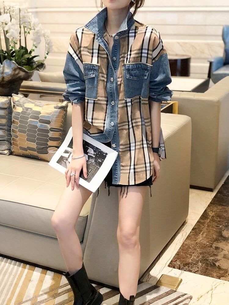 大好評 ファッション 売り切れ必至 チェック柄 切り替え デニム Tシャツ ＜F-9220＞