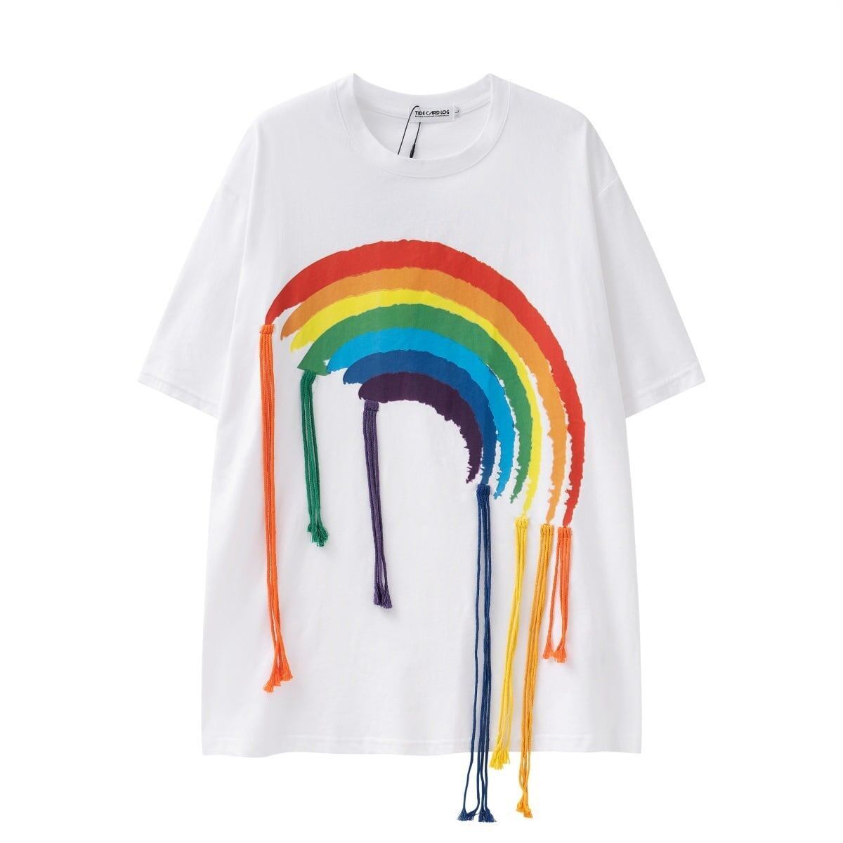 好感度UP 虹ロゴ タッセル ゆったり Tシャツ 全2色 ユニセックス半袖F-4863