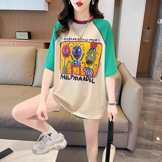デザインセンスアメリカンレトロ漫画プリント半袖Tシャツニッチカラーマッチングトップスイン潮<F-2872>